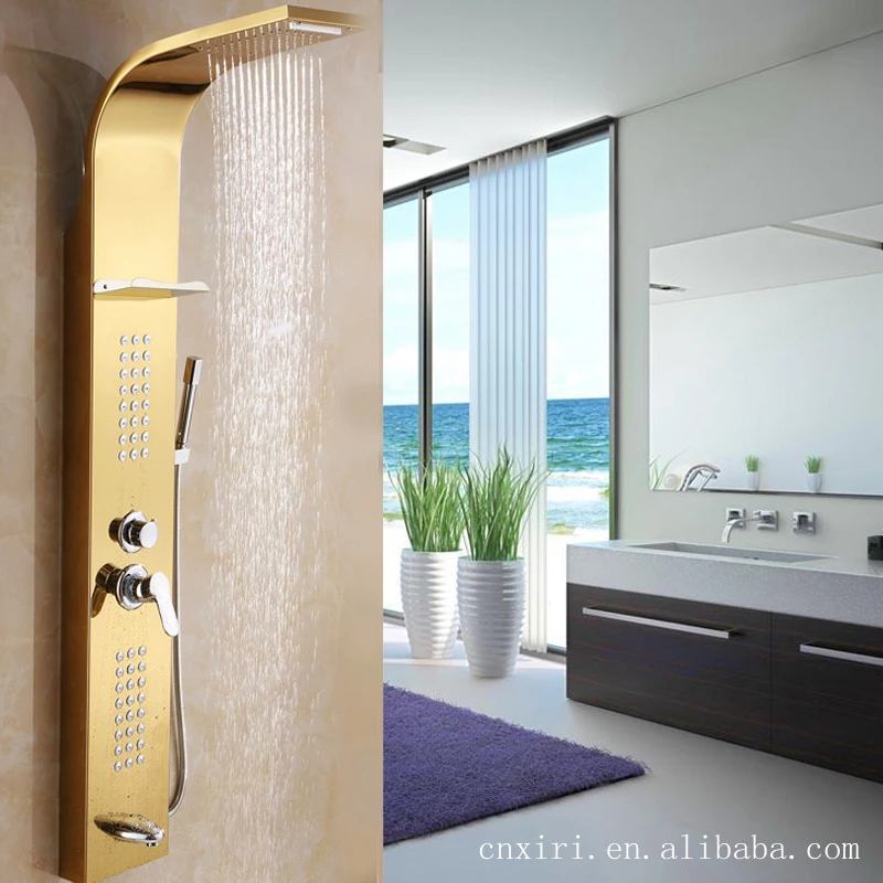 Stainless Steel Shower Panel Waterfall Massage Jets Shower Faucet with handshower and Shelf