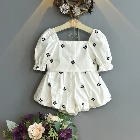 Summer Girls Fashion 2pcs Embroidery Suit Baby Kids Children Clothing Set Short Sleeve Blouse+Shorts Sets