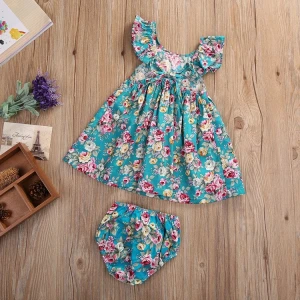 Summer Infant Baby Girl Ruffle Floral Printed Briefs Shorts Bloomers Outfits Flutter Sleeve Kids Flower Printed Dress Sets