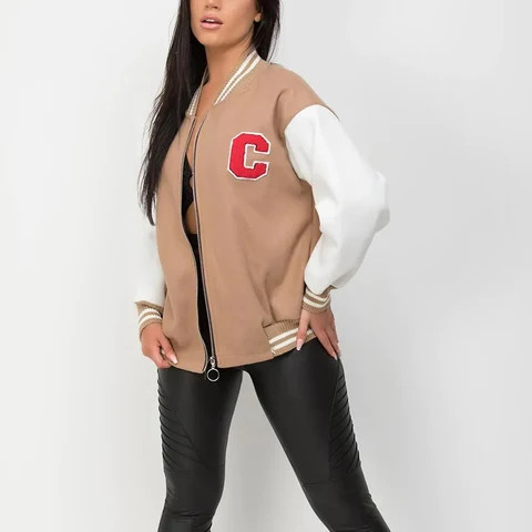 Top Manufactures & Supplier Custom Leather Sleeve Women Varsity Jacket Stand Collar Ladies Varsity Jackets