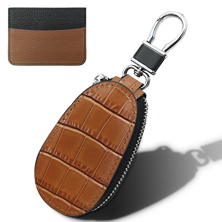 Universal Car Key Holder Genuine Leather Case Stainless Steel Hook Remote Key Fob Case with Metal Zipper Keychain
