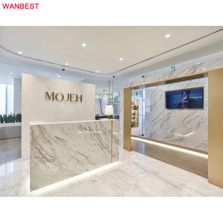 White Carrara Marble Reception Counter Hotel Shop Simple Front Desk With LED Light