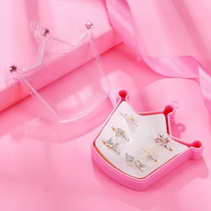 Wholesale Custom Fashion Metal Cute Silver Diamond Cooler Crown Box Packed Jewelry Light Girls Ring Set