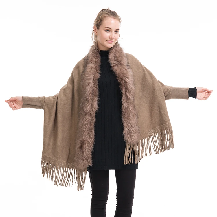 woman winter faux-fur trimmed ponchos with fringe alpaca wool ruana shawl coat