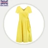 Women&#39;s European yellow one piece layered cotton polyamide spandex short sleeve knee length double V neck casual summer dresses