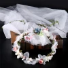 Wreath Veils handmade Flower Wedding Headdress Bridal White Tiara Pearl Headpiece Bride Veil Married Hair Accessories Hair Band