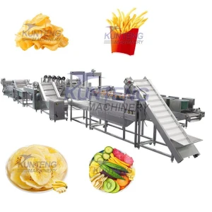 Automatic French fries chicken snacks puffed food frying production line, commercial okra banana slice frying equipment