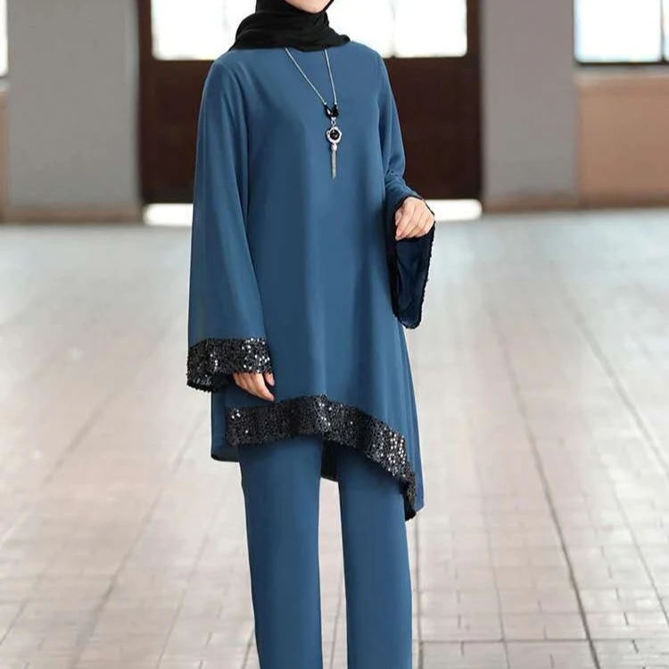1142 MuslmQLO ramadan mubarak dubai abaya turkey muslim hijab dress set two piece caftan islamic clothing