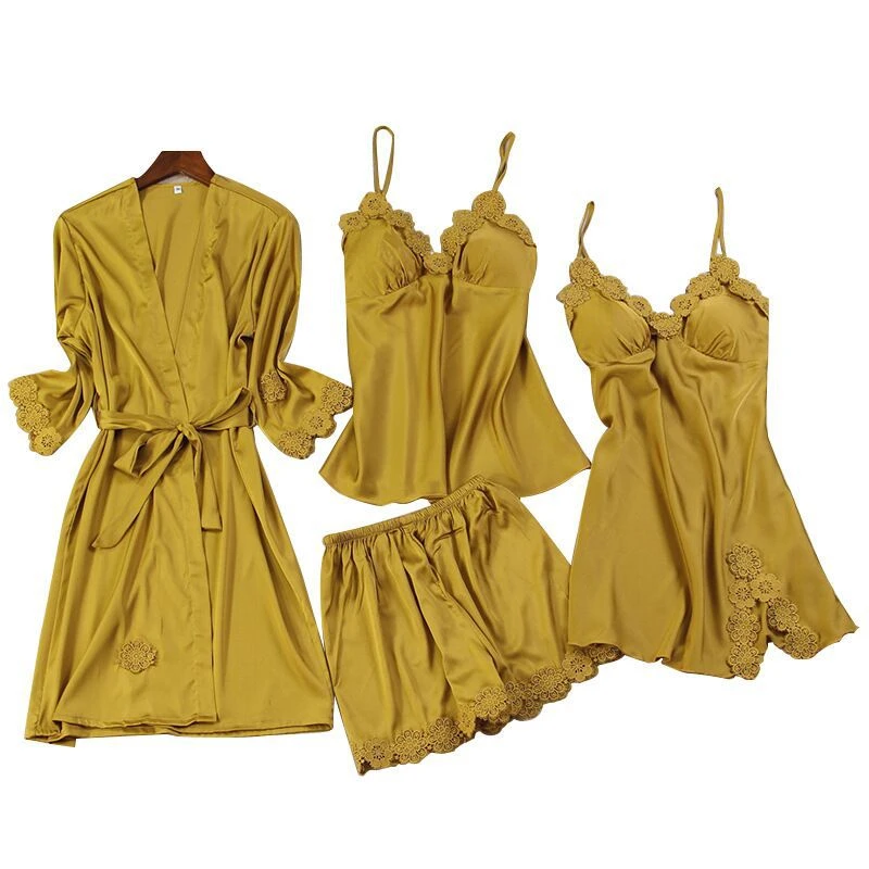 1229 Womens Sexy Pajamas Robe & Gown Sets Lace Bathrobe + Nightdress 4 Four Pieces Sleepwear Ladies Sleep Faux Silk