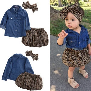 2018 3PCS Set Cute Baby Girls Clothes Summer Toddler Kids Denim Tops+Leopard Culotte Skirt Outfits Children Girl Clothing Set