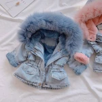 2020 new design Winter new girl's coat baby girl's hooded Faux Fur fleece coat warm thick denim jacket hanging outside