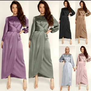 2021 Abaya Arabic Muslim Silk Dresses in Dubai Islamic Clothing For Women Turkish Fashion Satin Dress