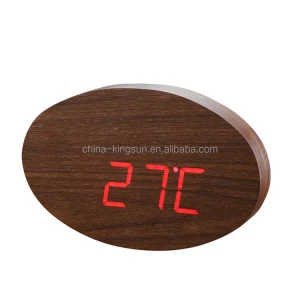 24 Hour Time DC Operated Led Wall Clock  Brown Red White Light Living Room Temperature Date Display