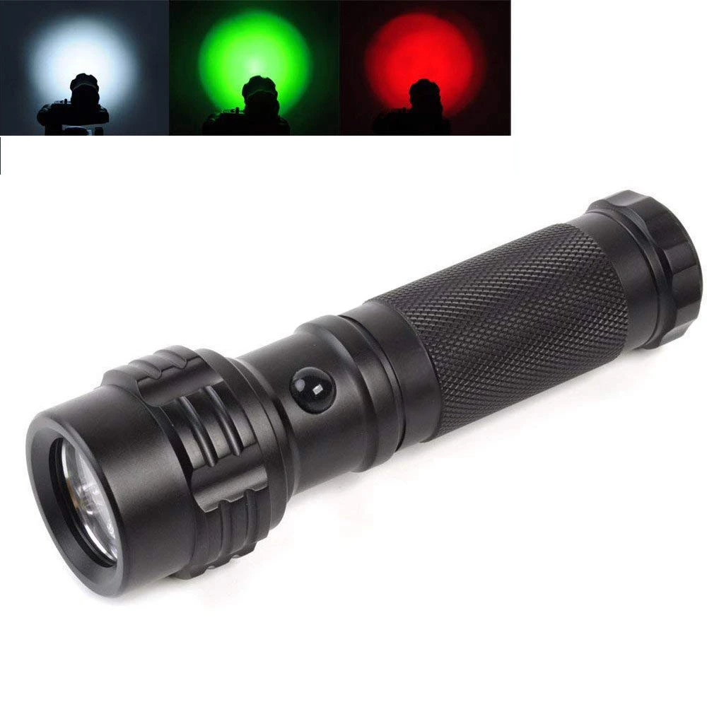 250 Lumens Tactical Flashlights Red/Green/White Light Led Torch Light with 18650 battery and charger For Fishing Detector