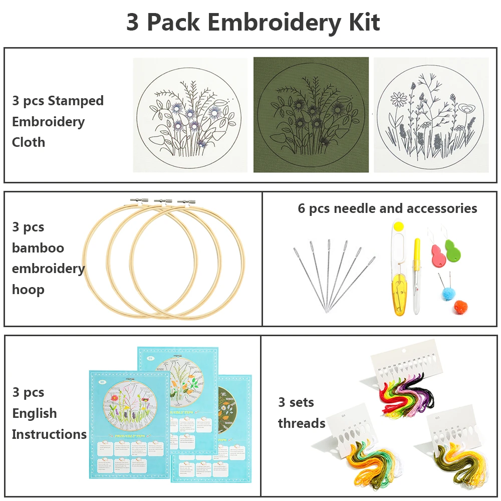 3 Sets Embroidery Starter Kit Cross Stitch Kit Include 3 Embroidery Clothes with Floral Pattern Instructions And bamboo hoops
