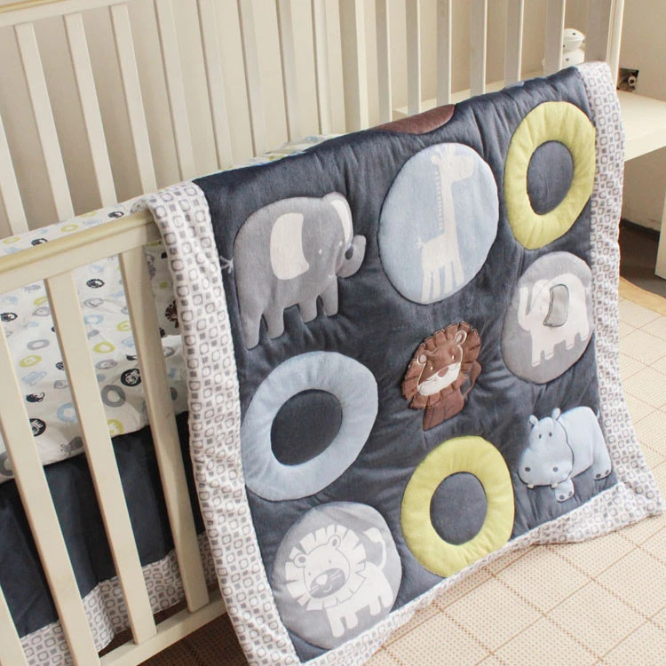 4 Piece Forest Animal Theme Patchwork Baby Boy Crib Bedding Set - Navy Blue Plaid-OEM digital printing accepted low MOQ