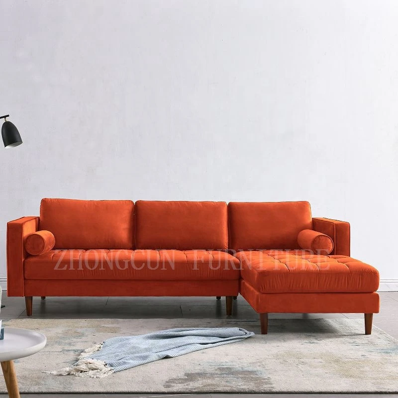 4 Seater Right Hand Facing Chaise Cotton Velvet L Shaped Sofa End Corner Sofa Burnt Orange Modern Living Room Sofa Fabric