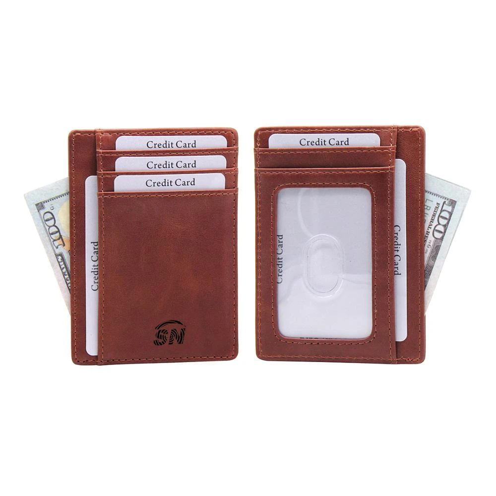 Amazon wholesale brand high quality bank card holder mens oil-waxed brown genuine leather rfid blocking credit card id holder
