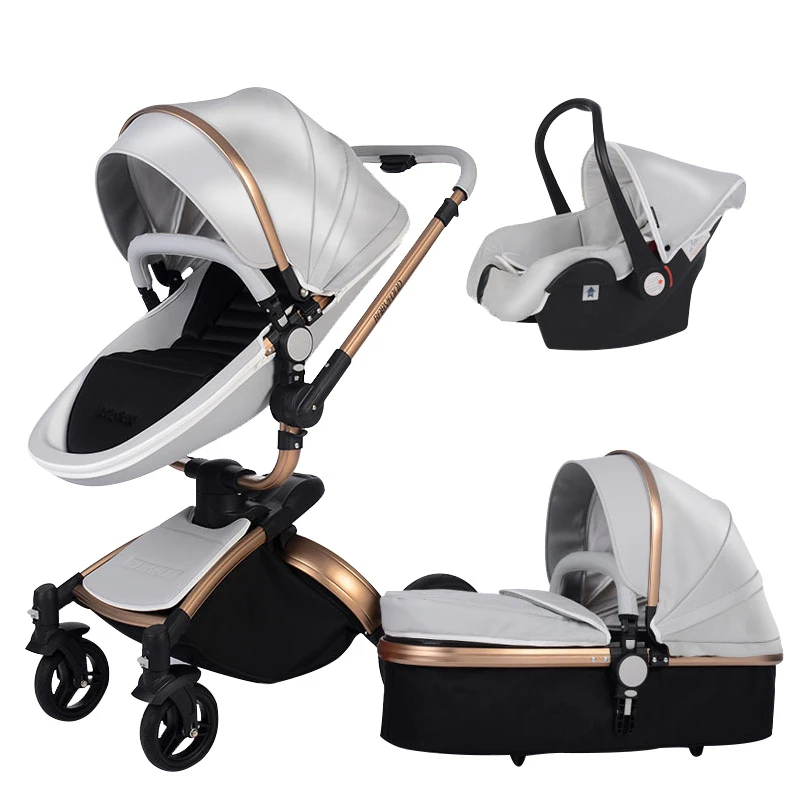 Aulon baby stroller 3 in 1  Branded baby carriage eco-leather baby carriage euro car seat basket cradle