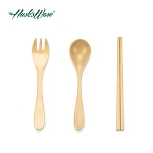 best flatware brands 100% biodegradable rice hsuk fiber BPA free baby beginners chopsticks kids fork and baby spoon flatware set