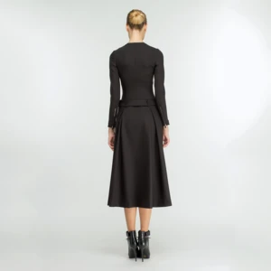 Black Crewneck Office Autumn Ruffled with Belt Zipper A-line Dress