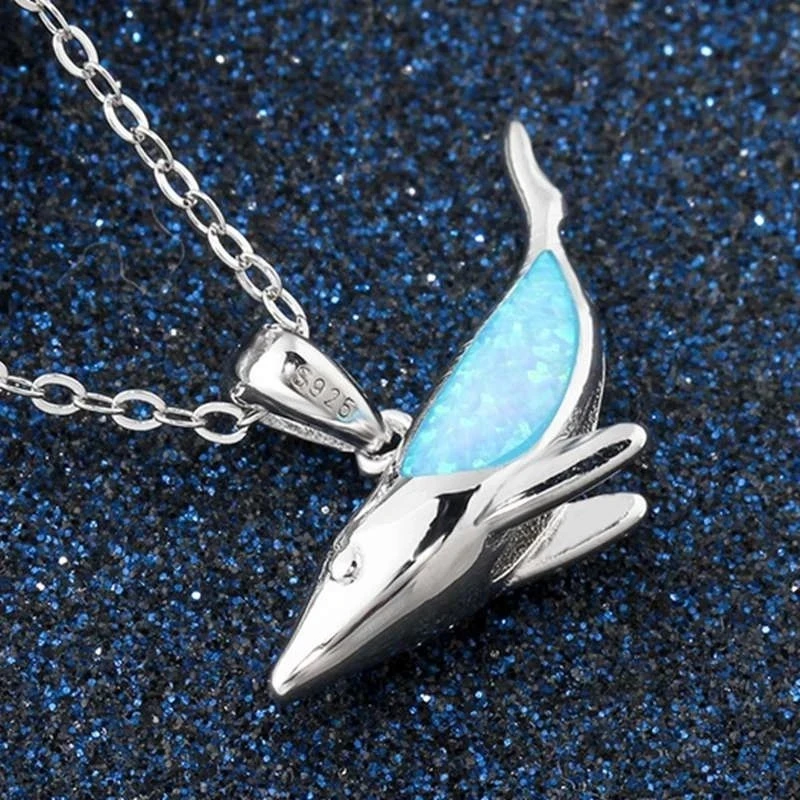 Blue Fire Opal Whale Pendant Necklace Vintage Fashion Sea Animal Necklace 925 Sterling Silver Chain Necklaces For Women Jewelry