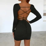 c clothing summer wear night club  dress black long sleeve bodycon dress for women