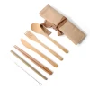 Canvas bag knife fork spoon and bamboo tableware set of 6 engraved with custom logo