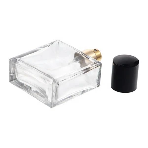 China Clear Glass Cosmetic Empty 50ml Square Perfume Bottle With Spray Caps