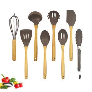China Factory New Design Cooking Tools Wholesale Silicone Kitchen Utensil Set With Bamboo Wood Holder
