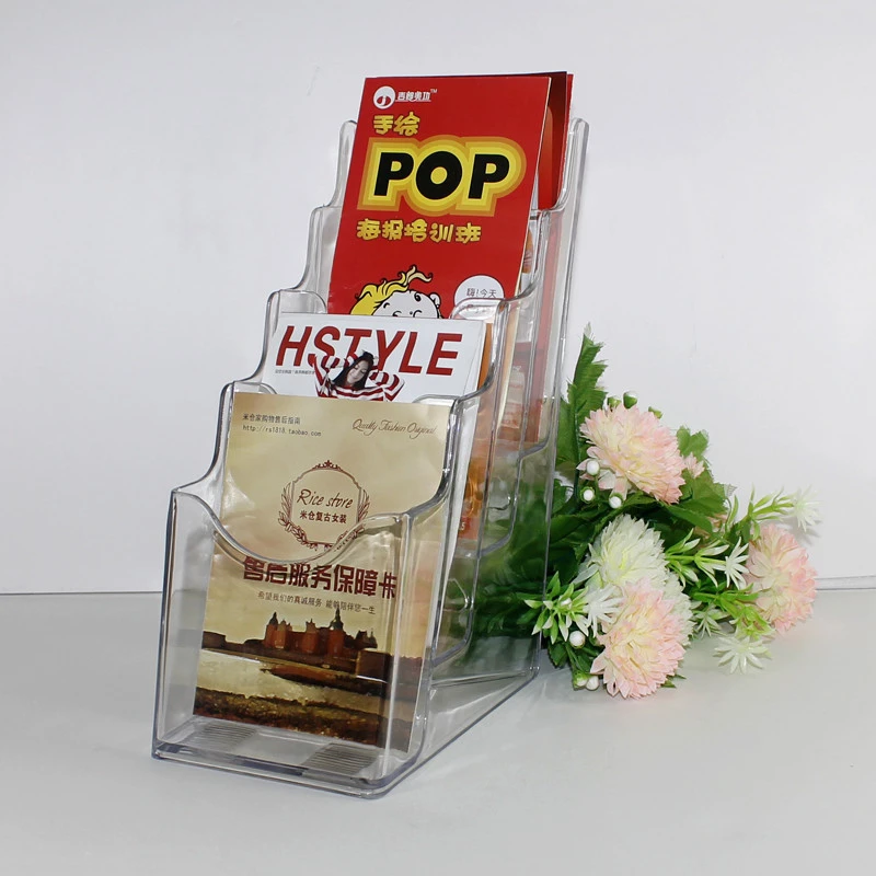 Clear 4 tier Small A6 Plastic Book Cardboard Brochure Holder Display Stands Logo Printing
