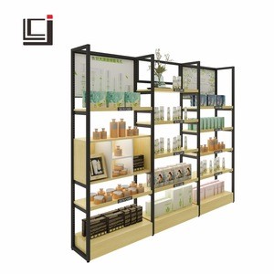 Cosmetic display rack beauty care shelf low price steel-wood structure shelf display