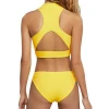 custom make front zipper fashion swimwear active women modern solid color high waisted fitness tankini