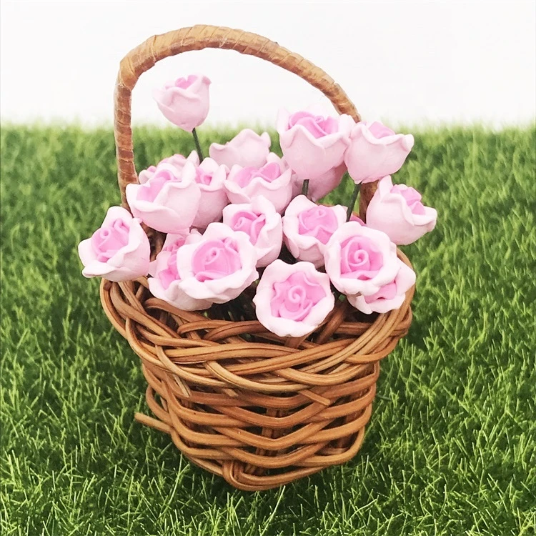 Doll house Mini Flower Pink rose in weaving flower basket