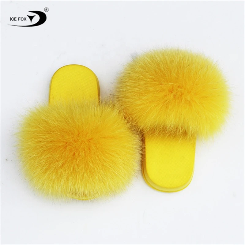 Factory wholesale non slip fur slides kids rainbow fur slippers little girls kids fox fur slippers