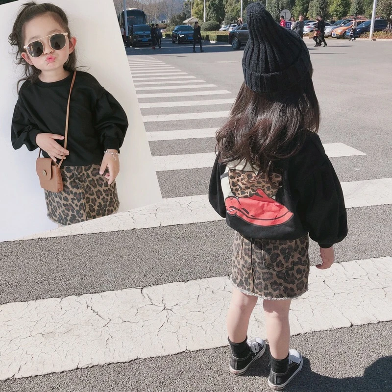 Fashion design toddler girls clothes set girls boutique leopard print sweatshirt top + skirt clothing set