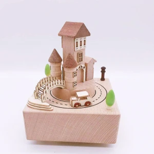 Festival gift  animated car wooden music box with castle