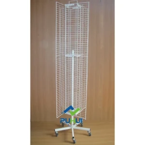 Floor Revolving Steel Stand Four Faces Metal Wire Mesh Grid Wall Panel Rack Display (PHY207)
