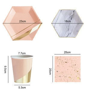 Gold Blocking Pink Marble Texture Disposable Tableware Set Paper Plates Cups Napkins Party Wedding Carnival Tableware Supplies