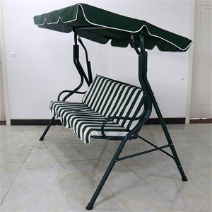 Green White Striped Swing Chair Balcony 3 Seats Outdoor Leisure Swing Chair Four Corner Support Iron Chair