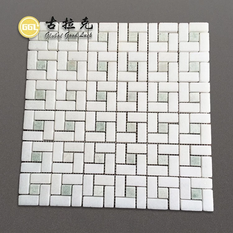 Greence Thassos White  Marble Basketweave Mosaic Floor Tile with Green Dots