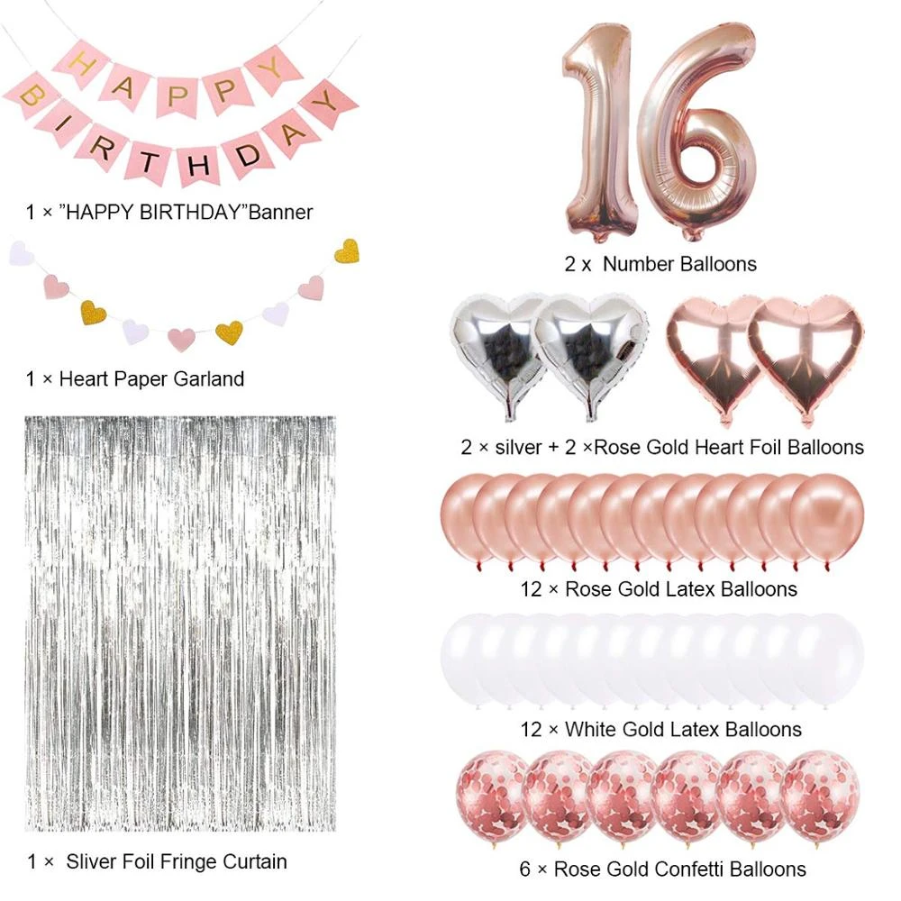 Happy Birthday Banner Rose Gold Number Balloons Supplies Sweet Sixteen16th Birthday Party Decorations