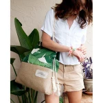 High Quality Custom Design Digital Printing 10oz Cotton Canvas  Spliced with Jute Burlap Tote Beach Bag with Customized Label