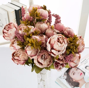 Holiday Decoration Vintage Artificial Peony Silk Flowers Bouquet