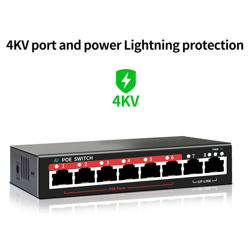 HOT SALE AI 8 Port PoE Switch(6POE Ports +2 Uplink), 90W power adapter,802.3af/at PoE+ 100Mbps , Extend to 250Meter