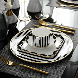 Hotel Plates Restaurant Wedding 8.5 Ceramic Porcelain Golden Dishes Custom Cheap Black Dinner Dessert Plate Sets Dinnerware