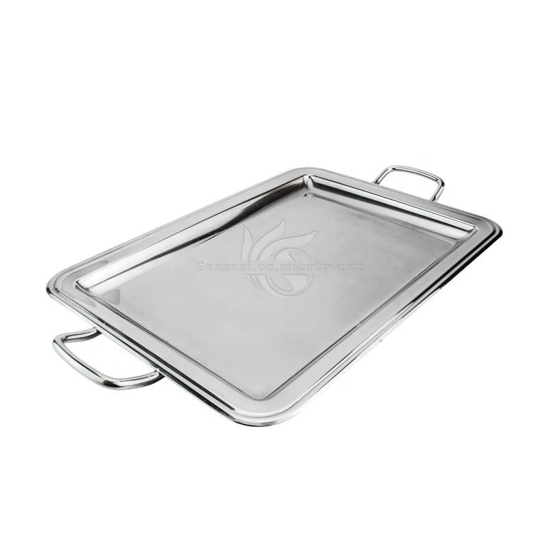 Hotel Stainless Steel rectangle Shape Mirror Polished Food Serving Tray With Handle