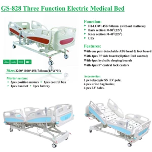 ICU Surgical Patient Medical Three Function Electric Care Hospital Bed Homecare Table Cabinet Mattress IV Pole