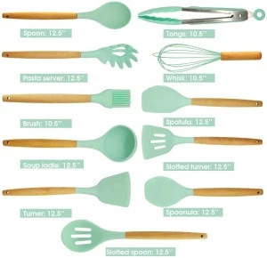 12pcs Silicone Cooking Utensils Set, Heat Resistant Silicone Kitchen  Utensils for Cooking, Kitchen Utensil Spatula Set with Wooden Handles and  Holder, Gadgets for Non-Stick Cookware, Green