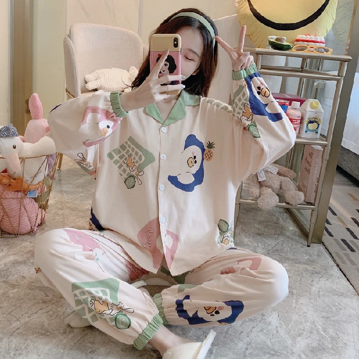 Korea Fall Sleep Knitted Lounge Wear Piyama Daster Wanita Baju Pyjama Long Sleeve Pajama Cute Cartoon Sleepwear Night Suit Lady